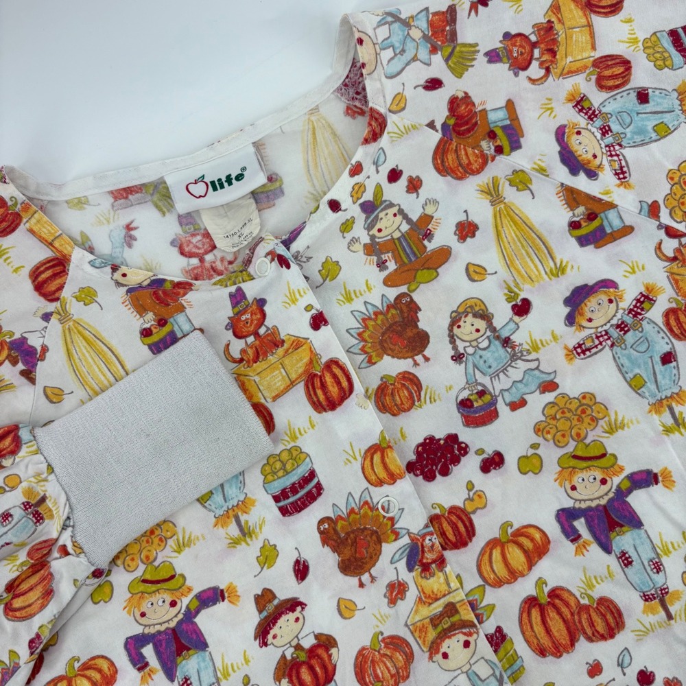 Life Scrub Top XL Autumn Fall Scarecrow Turkey Pumpkin Print‎ Long Sleeve